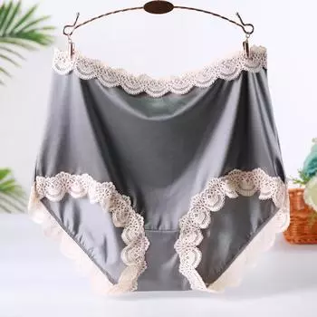 Атласные трусики, женские летние сексуальные кружевные бесшовные трусики из ледяного шелка с высокой талией, нижнее белье больших размеров, подходит для 55-120 кг L(Weight:75-90KG) чёрный