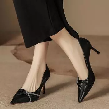 Атласные туфли-лодочки на высоком каблуке, женские, с высоким чувством, в стиле маленького аромата, осенне-зимние новинки, банкетные туфли-лодочки, шпилька, шампанское 34 чёрный