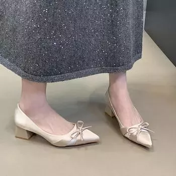Атласные туфли-лодочки с острым носком, женские, универсальные, новые, с бантом, корейская версия, легкие туфли для поездок на работу 35 абрикосовый