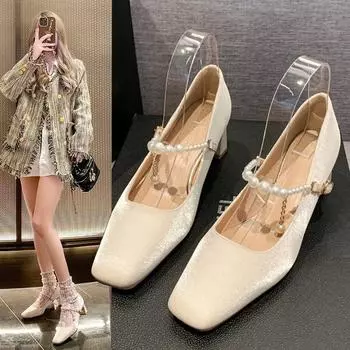 Атласные туфли Мэри Джейн на толстом каблуке с квадратной головкой, женские туфли на высоком каблуке, свадебные туфли, повседневные милые туфли 35