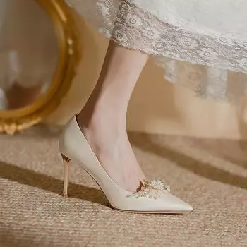 Атласные туфли на высоком каблуке для невесты, модные туфли для подружек невесты, универсальные французские свадебные туфли на шпильках, не уставшие, со стразами, одиночные туфли для женщин 34