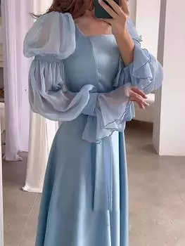Элегантная женская уличная одежда, женское шифоновое атласное вечернее платье, однотонное квадратное воротниковое колье с поясом, расклешенные рукава, плиссированные женские платья S светло-синий