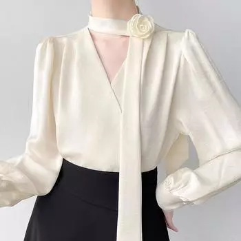 Атласные женские рубашки с 3D-цветком на завязке, с длинным рукавом, с V-образным вырезом, женские пуловеры, универсальная женская весенняя однотонная рубашка S абрикосовый