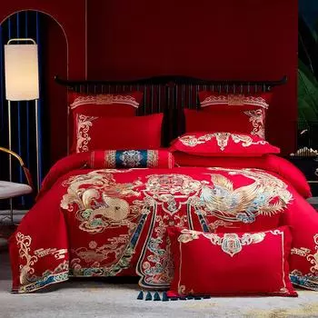 Атласный австралийский хлопок, жаккардовый свадебный комплект из четырех предметов плотностью 200, большой красный элитный роскошный свадебный комплект из нескольких предметов 1.5m bed sheet 4PCS
