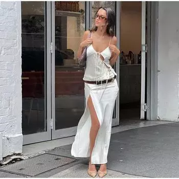 Атласный ажурный топ на шнуровке, женский летний топ на тонких бретельках с открытой спиной, Y2K, уличная одежда, женский жилет для вечеринки, лето 2024 S белый