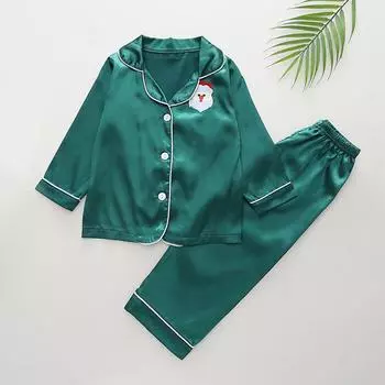 Атласный пижамный комплект для мальчиков и девочек, рождественская вышитая пижама с длинными рукавами, теплая повседневная детская одежда на пуговицах 100