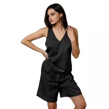 Атласный пижамный комплект для женщин, майка без рукавов с V-образным вырезом и шорты, комплект ночной одежды, женский повседневный костюм для сна из двух предметов S чёрный