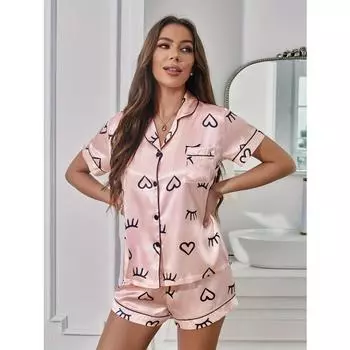 Атласный пижамный комплект с принтом «сердце и ресницы», повседневный топ с короткими рукавами, пуговицами, лацканами и эластичными шортами, женская одежда для сна S розовый