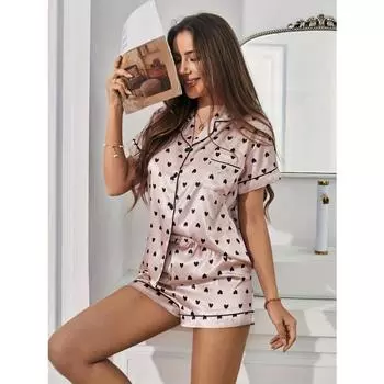 Атласный пижамный комплект с принтом в виде сердца, повседневный топ с коротким рукавом, пуговицами, лацканами и эластичными шортами, женская одежда для сна S розовый