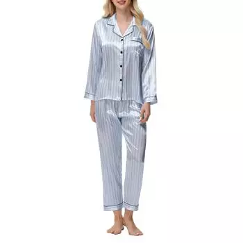 Атласный полосатый костюм из ледяного шелка с длинным рукавом, шелковая женская домашняя одежда L светло-синий