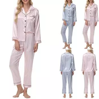 Атласный полосатый костюм из ледяного шелка с длинным рукавом, шелковая женская домашняя одежда L светло-синий