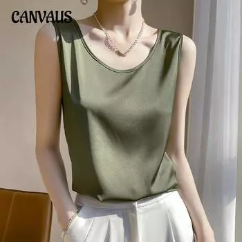 Атласный шелковый жилет, летний женский жилет, пуловер, короткий топ, жилет без рукавов, однотонный камзол с круглым вырезом S