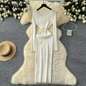 Атмосфера Чувство темперамента Трехмерные цветы Круглый вырез Длинные рукава Тонкое платье Женское осенне-зимнее эластичное плотное трикотажное платье One Size чёрный