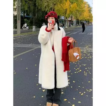 Атмосферное меховое интегрированное шуба женская зимняя мода экологически чистая норковая шерсть длинное пальто с воротником-стойкой S80~110 молочный белый