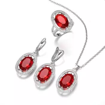 Атмосферное ожерелье с драгоценными камнями, серьги, комплект из трех колец, комплект украшений с инкрустированными овальными цирконами, многоцветный. Size 6 ring set красный