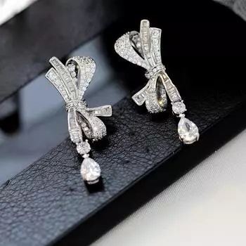 Атмосферные серьги-иглы из серебра 925 пробы, новые серьги-капли из циркония, французские трехмерные серьги-бантики золотой