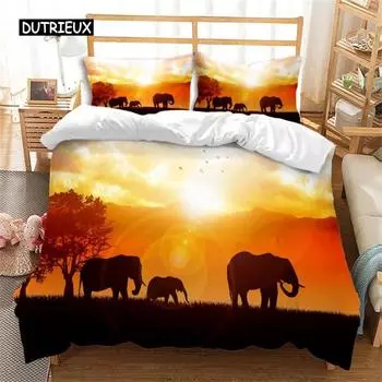 Atmosphere Green Grass Elephant Duvet Cover Set Bedding Set Microfiber Safari Animals Comforter Cover Twin Double Bedroom Decor EU single(135x200cm)