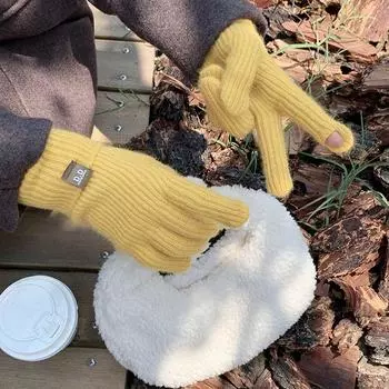 Atmosphere Red Knitting Gloves Female Winter Pure Color Student Finger Leakage Touch Screen Play Mobile Phone Wool Keep Warm Long Wrist Yellow