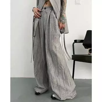 Atmosphere Stylish Fried Street Sleeveless Vest Top Long Texture Sense Ruched Loose Wide Leg Pants Suit Female Summer Grey pants S (around 40.00 kg-50.00 kg)