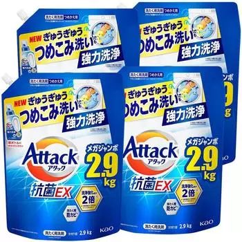 Attack Antibacterial EX Laundry Мощная очистка даже при стирке Сменный блок 2900 г x 4 Большая емкость [Коробка продана] Моющее средство, жидкое, густое,