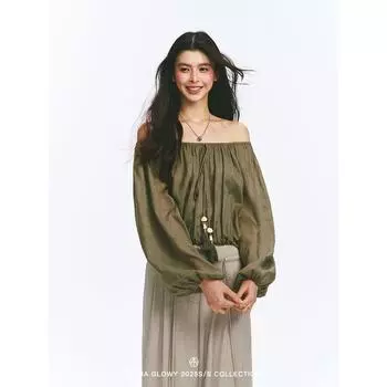 Attia Glowy Coconut Shadow Shake Summer Late off-Shoulder Drawstring Holiday Style Lantern Sleeve Top Women Summer off-Shoulder Cover up Berry Green XS