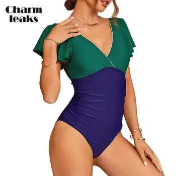 Attraco цельные купальники для женщин, монокини с короткими рукавами и рюшами и v-образным вырезом, купальные костюмы XL зелёный/синий