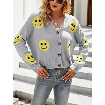 Attraco Модный женский однотонный свободный длинный вязаный свитер, куртка с улыбающимся лицом, свитера, пальто