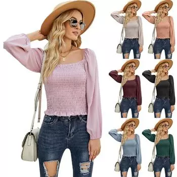 Attraco, однотонная шифоновая женская блузка с квадратным воротником, весна и осень, новая женская блузка с длинными рукавами на талии