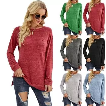 Attraco Женский пуловер с круглым вырезом, открытый топ с карманами и длинными рукавами, свободная повседневная футболка