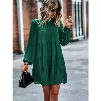 ATTRACO женское платье с длинными рукавами и рюшами, маленькое многослойное мини-кукольное платье с высоким воротом, повседневное свободное платье трапециевидной формы, темперамент, S-XL