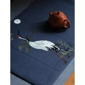 Attracting Flowers and Birds Embroider Tea Mat Cotton Linen Tea Mat Cloth Vintage Child Embroidery Tea Cloth Chinese Zen Tea Table Water Absorption Navy blue Lihe 30*50cm, 3-layer thickened