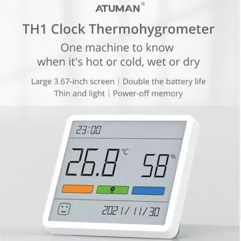 ATuMan TH1 Гигрометр для помещений ЖК-дисплей монитор температуры и влажности с часами портативный белый