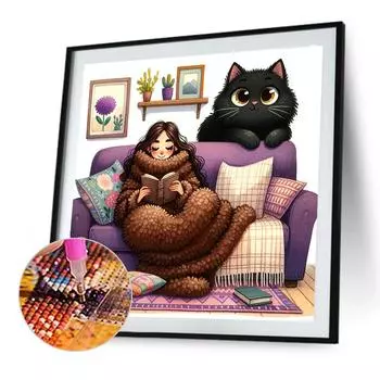 AU 5D DIY Full Round Drill Diamond Painting Girl Cat Kit Home Decor Art 40x40cm