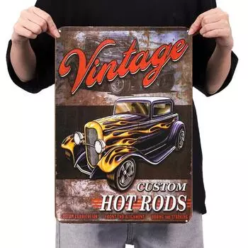 AU Винтажная металлическая тарелка Hot Rods Прямоугольная железная картина Домашний бар Декор 30x40 см