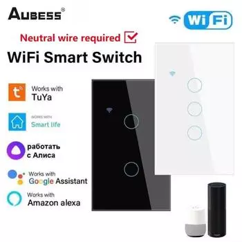 AUBESS Tuya WiFi Smart Touch Switch EU US 1/2/3/4 Gang Light Wall Button Need Neutral Support Alexa Google Home Smart Life APP