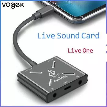 Аудиоадаптер Vogek для смартфона, многофункциональная 8-контактная живая звуковая карта, HD звук, наушники, микрофон, зарядный преобразователь для Iphone Type-c