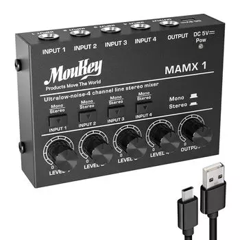 Аудиомикшер Moukey, 4-канальный USB DC 5 В, сверхнизкий уровень шума для линейного микшера с субмикшированием, небольшой мини-аудиомикшер, подходящий для микшера MAMX1