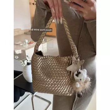 Aunt Juuye Champagne Medium Woven Tote Bag New Large Capacity Commuter Portable Shoulder Underarm Bucket Bag Champagne small size