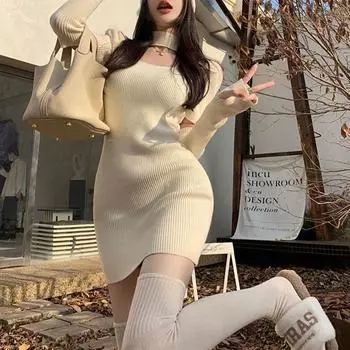 Aura Slim Waist трикотажные платья женская одежда однотонные осень-зима горячая элегантная сумка хип-хоп шикарное ажурное мини-платье S хаки