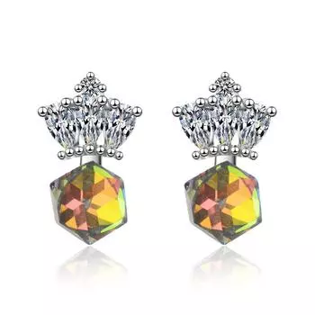 Aurora Cube Crown School Gift Fashion Zirconia Sparkling Classic Stud Earrings for Women Ослепительные женские элегантные аксессуары, неподвластные времени ювелирные изделия озеро синий