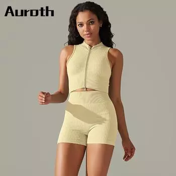 Auroth 2 предмета тренировочные костюмы женские бесшовные спортивные костюмы без рукавов жилет на молнии шорты для фитнеса бесшовная спортивная одежда для йоги S чёрный