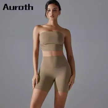Auroth Backless Bra Gym Running Set Women Summer Fitness Suit Push Up Shorts Training Outfit S розовый/оранжевый