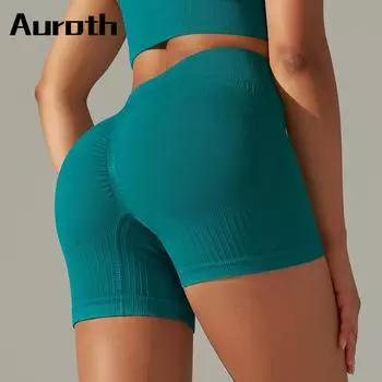 Auroth бесшовные вязаные спортивные шорты женские шорты с высокой талией для поднятия живота однотонные тонкие шорты для бега для фитнеса и йоги S чёрный