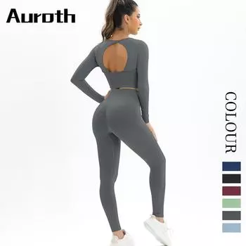 Auroth костюмы для бега женские бесшовные комплект для йоги с длинным рукавом сексуальный спортивный топ фитнес брюки спортивный костюм S темно-синий