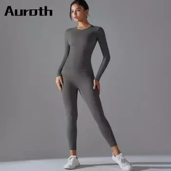 Auroth костюмы для йоги с длинными рукавами, женский спортивный костюм, спортивный топ с пуш-ап, леггинсы для фитнеса, спортивная одежда S чёрный