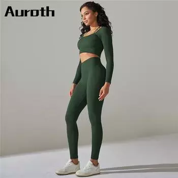 Auroth с длинным рукавом для фитнеса, женская спортивная одежда для йоги, вязаные леггинсы для бега, бесшовный топ для фитнеса, спортивные костюмы S темно-синий