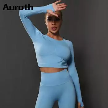 Auroth сексуальные женские рубашки для бега с длинным рукавом для йоги, укороченный топ, вязаная спортивная бесшовная рубашка для спортзала S чёрный