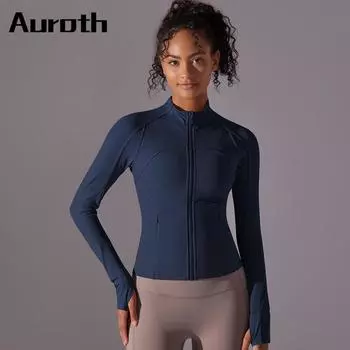 Auroth сексуальные женские рубашки на молнии для бега с длинным рукавом, спортивный топ для йоги с отверстием для большого пальца, спортивные рубашки для спортзала и фитнеса S темно-синий