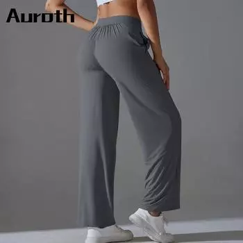 Auroth Широкие брюки с карманами Женские брюки с высокой талией для фитнеса и йоги Однотонные расклешенные брюки с завязками пуш-ап M чёрный