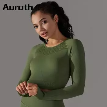 Auroth женские рубашки для йоги с длинным рукавом, рубашка для бега для фитнеса, вязаный дышащий спортивный топ для бега в тренажерном зале с отверстием для большого пальца S темно-синий